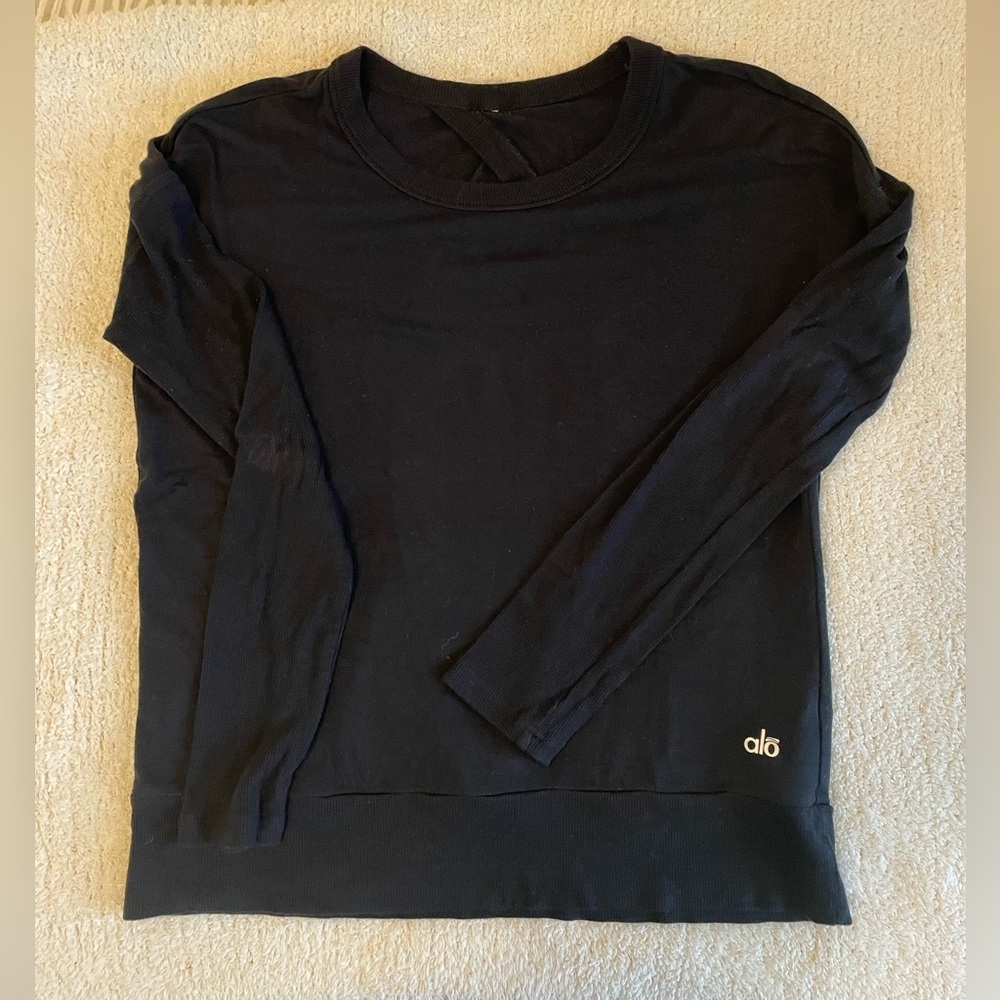 ALO Yoga black open back long sleeve top, size S